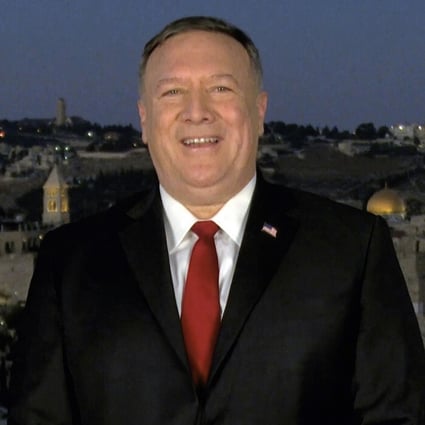United States Secretary of State Mike Pompeo speaks from Jerusalem during the second night of the Republican National Convention on Tuesday, August 25, 2020. Photo: Committee on Arrangements for the 2020 Republican National Committee via AP