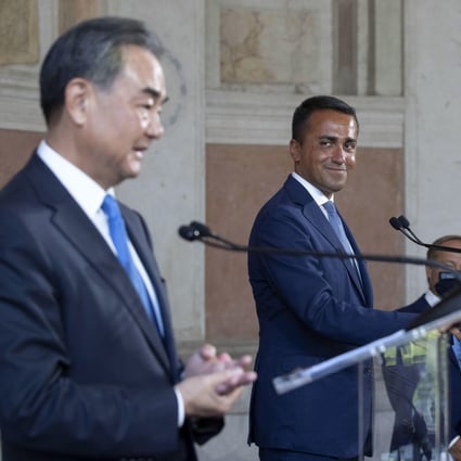 Italian Foreign Minister Luigi Di Maio (right) and his Chinese counterpart Wang Yi during a joint press conference after their meeting in Rome on Tuesday. Photo: EPA-EFE