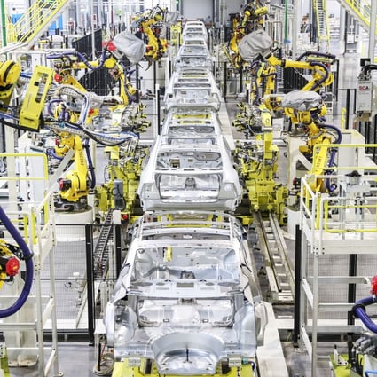 A view of the Evergrande’s EV production line. The group has put its first-ever electric vehicle, the Nevs 93, into production. Photo: Handout