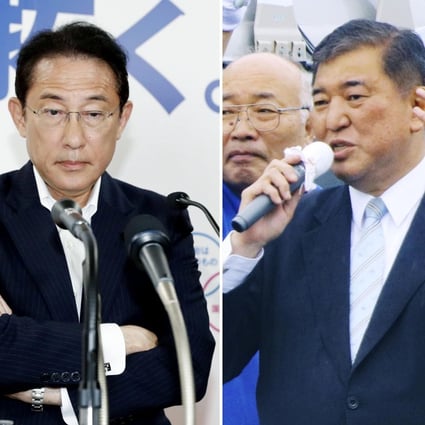 Liberal Democratic Party (LDP) policy chief Fumio Kishida and former LDP Secretary General Shigeru Ishiba. Photo: Kyodo