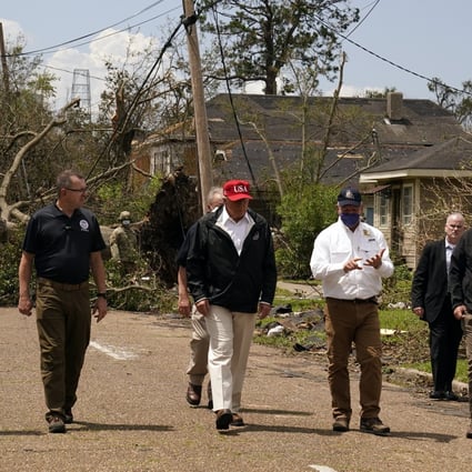 President Donald Trump tours damage from Hurricane Laura, in Lake Charles, Louisiana. Photo: AP