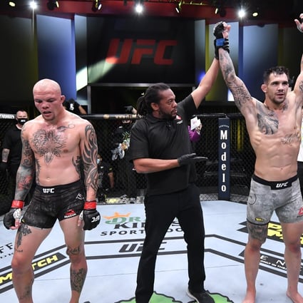 Aleksandar Rakic celebrates after his victory over Anthony Smith in their light heavyweight bout during the UFC Fight Night event at UFC Apex on August 29, 2020 in Las Vegas, Nevada. Photos: Jeff Bottari/Zuffa LLC