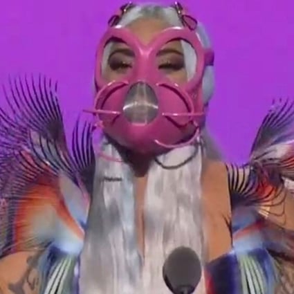 Video grabs by MTV, showing Lady Gaga wearing masks during the 2020 MTV Video Music Awards. Photo: MTV via AP