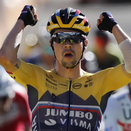 Slovenian rider Primoz Roglic of Jumbo-Visma team celebrates winning the fourth stage of the Tour de France. Photo: EPA