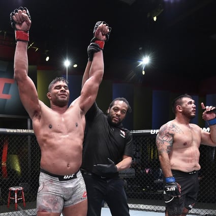 Dutchman Alistair Overeem raises his arms in triumph after a TKO victory over Brazil’s Augusto Sakai at UFC Fight Night 176 in Las Vegas. Photo: Chris Unger/Zuffa LLC