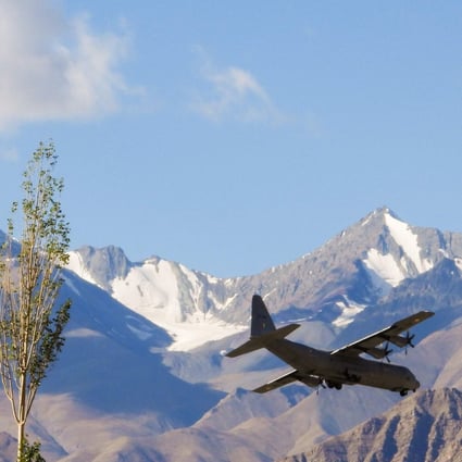 An Indian Air Force Hercules military transport plane prepares to land at an airbase in Leh, the joint capital of the union territory of Ladakh, on September 8. Photo: AFP