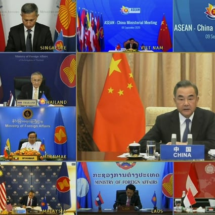 Wang Yi (centre) made the appeal to his fellow Asean foreign ministers during an online meeting on Wednesday. Photo: AP