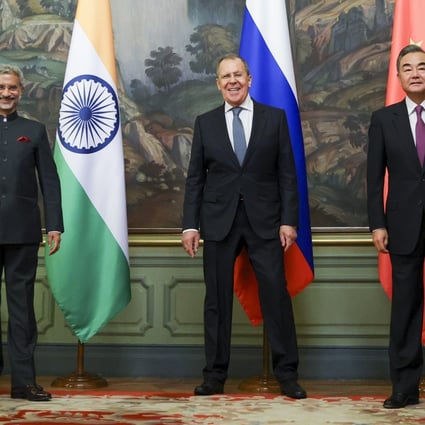 India's Foreign Minister Subrahmanyam Jaishankar, left, Russia's Foreign Minister Sergey Lavrov, and China's Foreign Minister Wang Yi, pose for a photo in Moscow on Thursday. Photo: AP