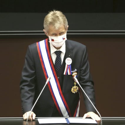 The Czech senate president Milos Vystrcil delivers a speech at the Legislative Yuan in Taipei, Taiwan, on September 1, 2020. Photo: AP