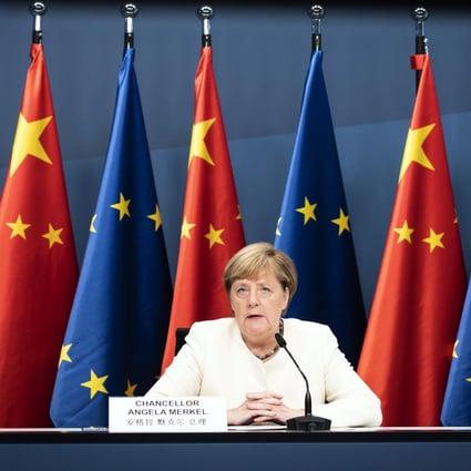 German Chancellor Angela Merkel speaks during a video news conference with EU leaders after a virtual summit with Chinese leader Xi Jinping on Monday. Photo: dpa via AP