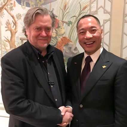 Chinese fugitive tycoon Guo Wengui (right) and former White House strategist Steve Bannon have appeared together in a number of videos attacking the Communist Party. Photo: Guo Wengui’s Twitter @KwokMiles