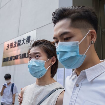 Lee Sheung-chun (right) appears with his fiancée outside Sha Tin Court on Wednesday after he was acquitted of assaulting a police officer last year. Photo: Brian Wong