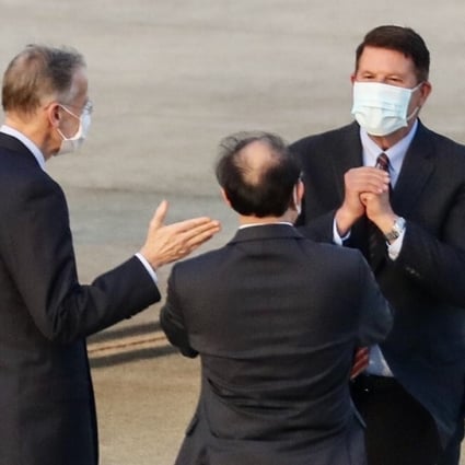 US undersecretary of state Keith Krach (centre) arrives in Taipei on Thursday. Photo: AFP