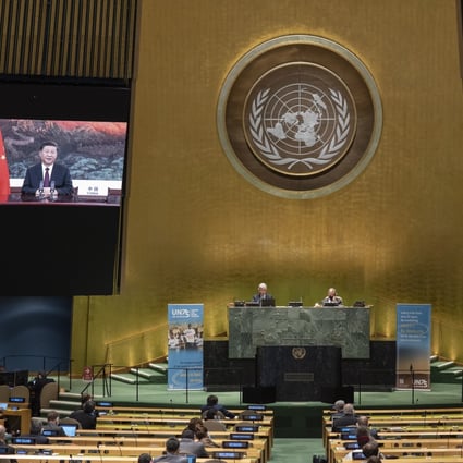 Chinese President Xi Jinping (on screens), speaking during the 75th General Assembly of the United Nations, in New York. Photo: UN via EPA-EFE