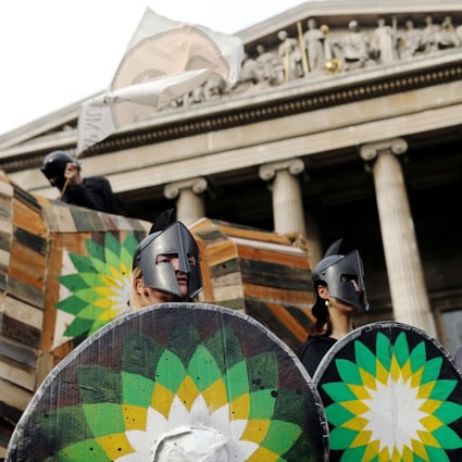Climate change activists demonstrate against BP outside the British Museum in London on February 8. Photo: Reuters