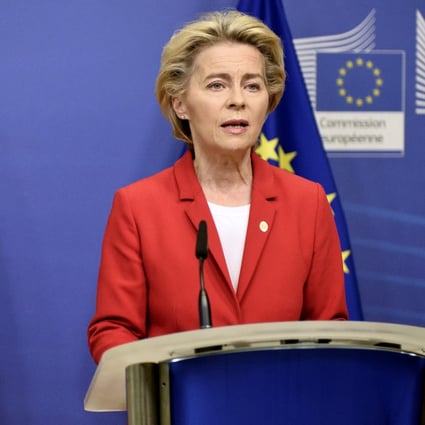 European Commission president Ursula von der Leyen makes a statement about legal action against Britain, ahead of the start of the EU summit in Brussels on Thursday. Photo: AP