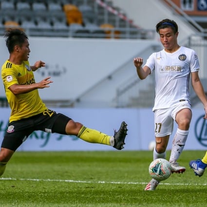 Jordan Lam on the ball for R&F in the Hong Kong Premier League game against Lee Man. Photo: HKFA