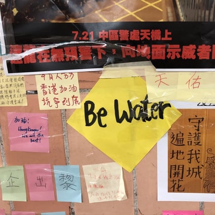 A Post-it note with ‘Be Water’ written on it, seen on one of the many ‘Lennon Walls’ in Hong Kong. Anti-extradition law protesters adopted Bruce Lee’s famous mantra to represent their guerilla strategy in 2019. Photo: Enid Tsui