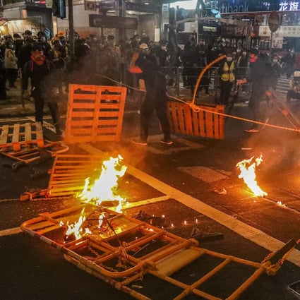 Several street fires were lit during an anti-government protest in Mong Kok on February 29. Photo: Felix Wong