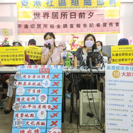 The Society for Community Organisation releases its latest report on the need for rent control and increased public housing on Sunday. Photo: K. Y. Cheng