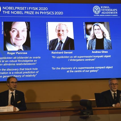 The winners of the 2020 Nobel Prize in Physics are announced during a news conference at the Royal Swedish Academy of Sciences, in Stockholm, on October 6. Photo: AP