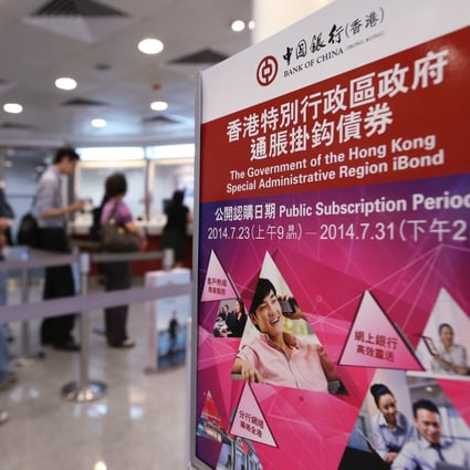 A poster advertising the launch of Hong Kong iBonds at a Bank of China branch in Central on July 23, 2014, the first day of public subscription. The latest round of iBonds will include some with yields of 2 per cent, an enticement to investors at a time when many central banks are considering interest rates near or even below zero. Photo: K.Y. Cheng