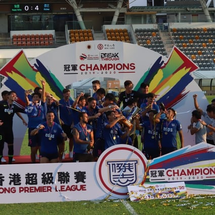 Kitchee players celebrate after being crowned 2020 Hong Kong Premier League champions, their 10th league title in the top tier and third in the past four seasons. Photo: Chan Kin-wa