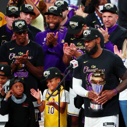 Los Angeles Lakers forward LeBron James speaks after receiving the NBA Finals MVP. Photo: USA Today Sports