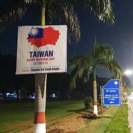 A local politician plastered posters of the Taiwanese flag outside the Chinese embassy in New Delhi. Photo: Twitter