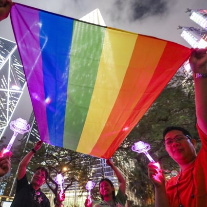 LGBT rights supporters in Hong Kong celebrate as Taiwan’s legislature voted to legalise same-sex marriage, paving the way to its becoming the first Asian jurisdiction to recognise same-sex partnerships, on May 17, 2019. Photo: Dickson Lee