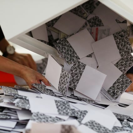 Officials open a ballot box at a polling station in Kowloon Tong, Hong Kong, on November 24, 2019. Photo: Reuters