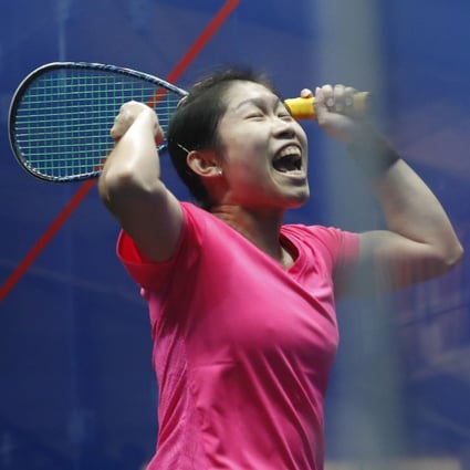 Annie Au celebrates after winning her match for Hong Kong against India’s Joshana Chinappa in the Jakarta Asian Games 2018 women’s team final. Photo: EPA
