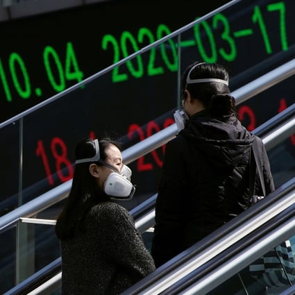 People wearing protective masks ride an escalator near an overpass with an electronic board showing stock information in Shanghai in March 2020. Photo: Reuters