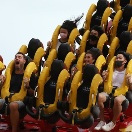 Visitors enjoy a ride on the roller coaster at Ocean Park on September 18, the day the theme park reopened after being shut for two months over Covid-19 social distancing measures in Hong Kong. Photo: K.Y. Cheng