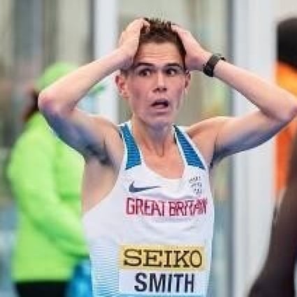 Team GB’s Jake Smith is shocked after learning about his record-breaking time at the World Half Marathon Championships in Poland on Sunday. Photo: Mateusz Slodkowski