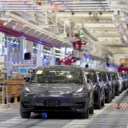 Tesla’s Model 3 electric sedans at the carmaker’s Gigafactory 3 in Shanghai. Photo: SCMP