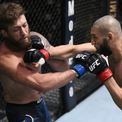 Khamzat Chimaev punches Gerald Meerschaert in their middleweight bout during the UFC Fight Night event at UFC APEX on September 19, 2020 in Las Vegas, Nevada. Photo: Chris Unger/Zuffa LLC