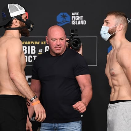 Magomed Ankalaev (left) and Ion Cutelaba face off during the UFC 254 weigh-in on October 23, 2020 on UFC Fight Island, Abu Dhabi, United Arab Emirates. Photo: Josh Hedges/Zuffa LLC