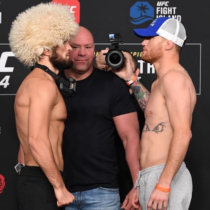 Khabib Nurmagomedov and Justin Gaethje face off during the UFC 254 weigh-in on October 23, 2020 on UFC Fight Island in Abu Dhabi. Photos: Josh Hedges/Zuffa LLC