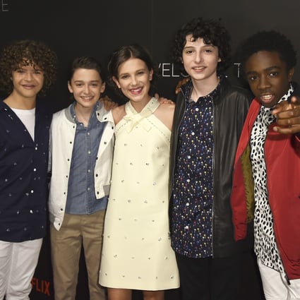 Cast members Gaten Matarazzo, Noah Schnapp, Millie Bobby Brown, Finn Wolfhard and Caleb McLaughlin arrive at the Stranger Things FYC Event in Beverly Hills, California, in 2017. Photo: Invision/AP