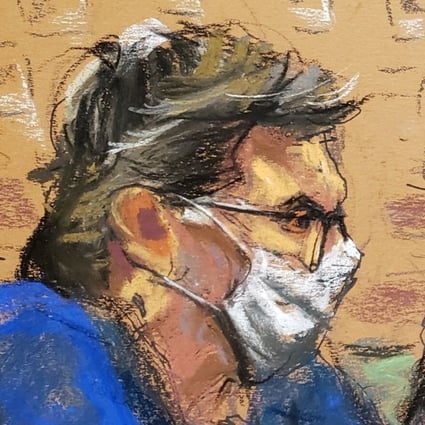 A courtroom sketch shows India Oxenberg giving a victim impact statement as NXIVM cult leader Keith Raniere (in blue) sits with his lawyer Marc Agnifilo inside the Brooklyn Federal Courthouse in New York on Tuesday. Image: Jane Rosenberg via Reuters