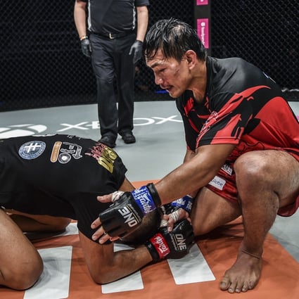 Former champion Eduard Folayang returns the respect from opponent Tony Caruso in the Circle in Singapore. Photos: ONE Championship