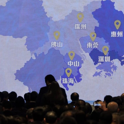 The Greater Bay Area, which seeks to turn Hong Kong, Macau and nine Guangdong province cities into a regional economic powerhouse, is seen on a map. Photo: AP