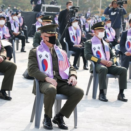 Bradley James, commander of the US Marine Corps in South Korea (left) attends a ceremony for the 70th anniversary of the Korean war at the Korean War Memorial Museum in Seoul, South Korea, on 27 October 2020. Photo: EPA-EFE