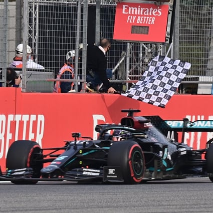 Mercedes’ Lewis Hamilton crosses the finish line to win the Emilia Romagna Grand Prix on Sunday. Photo: Reuters
