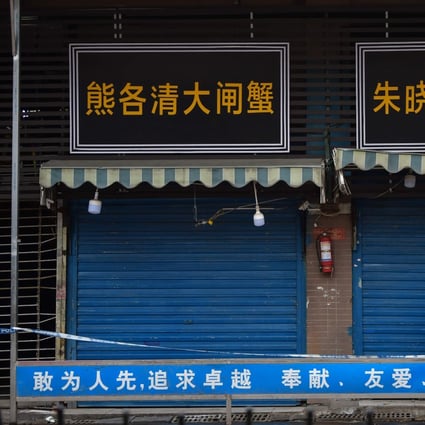 A security guard stands outside the Huanan Seafood Wholesale Market in Wuhan where the coronavirus was detected in January. No date has been announced for the WHO team to go to Wuhan. Photo: AFP