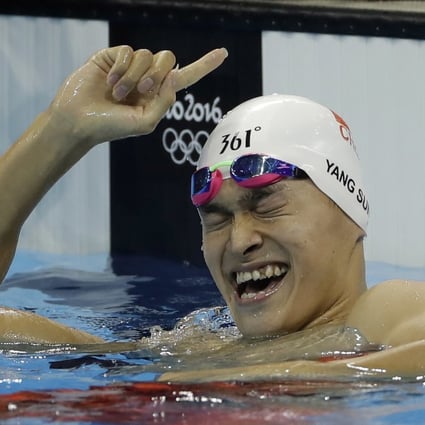 Sun Yang celebrates after winning the 200m freestyle at the 2016 Olympic Games in Rio de Janeiro. Photos: AP
