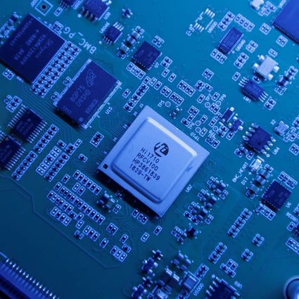 A computer chip and motherboard are displayed at Huawei’s headquarters in Shenzhen, Guangdong province. Photo: Reuters