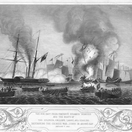 The East India Company steamer Nemesis launches an attack on Chinese war junks during the first opium war. Photo: Hulton-Deutsch Collection