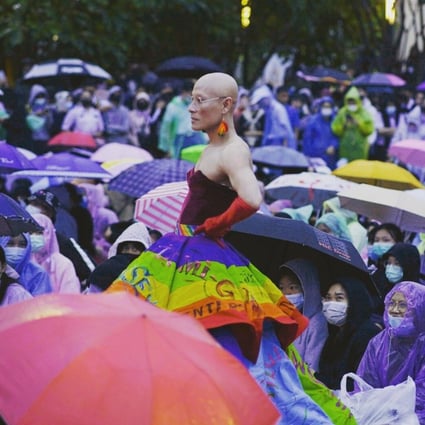 Thai LGBTQ activist and sex worker Sirisak Chaited at a pro-democracy rally in Chiang Mai in October. Photo: Twitter